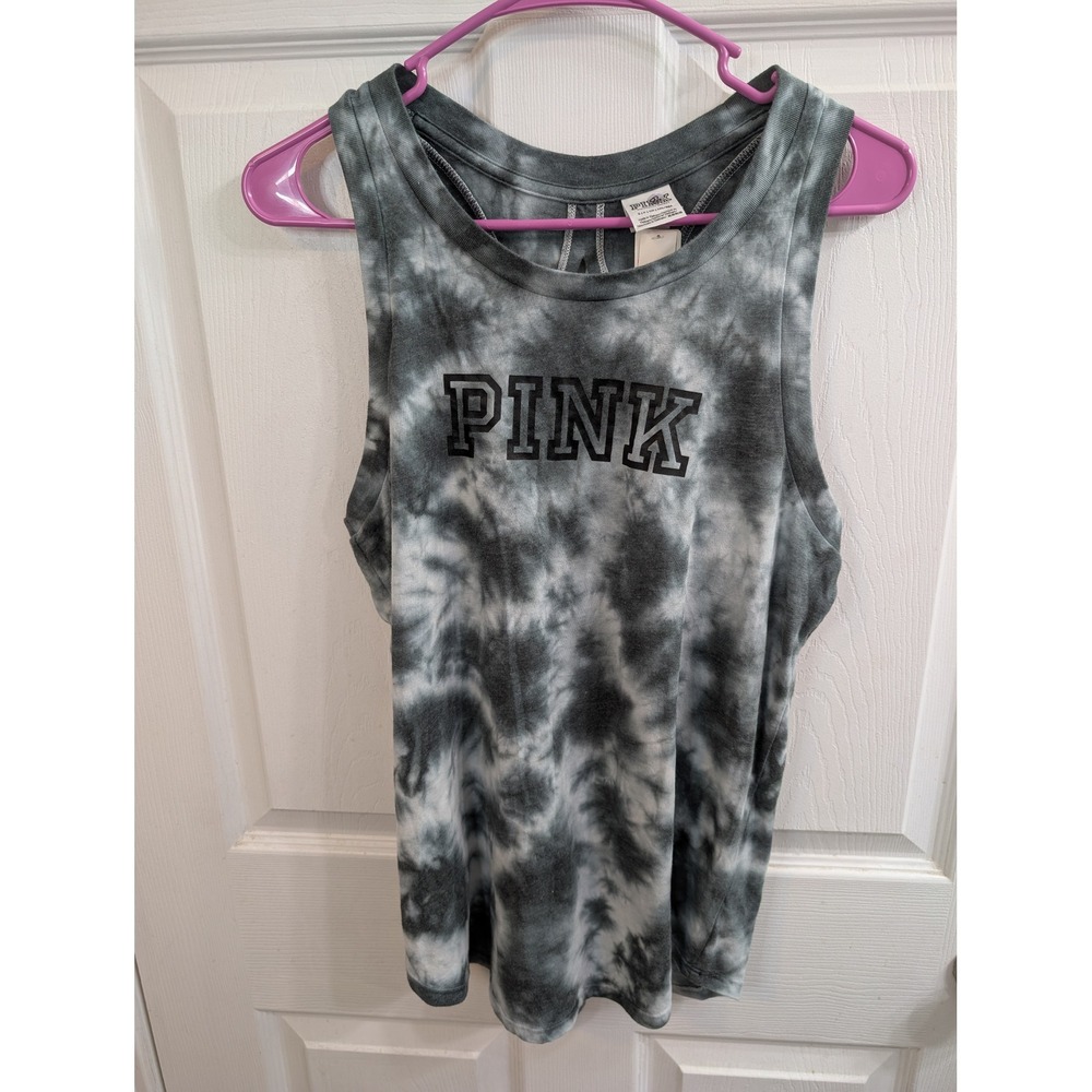 PINK Victoria's Secret Tank Top‎ Women Gray Tie Dye Open Back Logo NWT - Size S